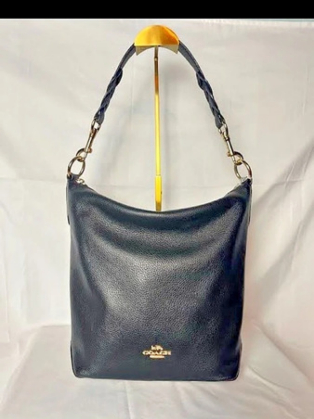 Coach Black Pebbled Leather Hobo Shoulder Bag Braided Handle Gold Hardware